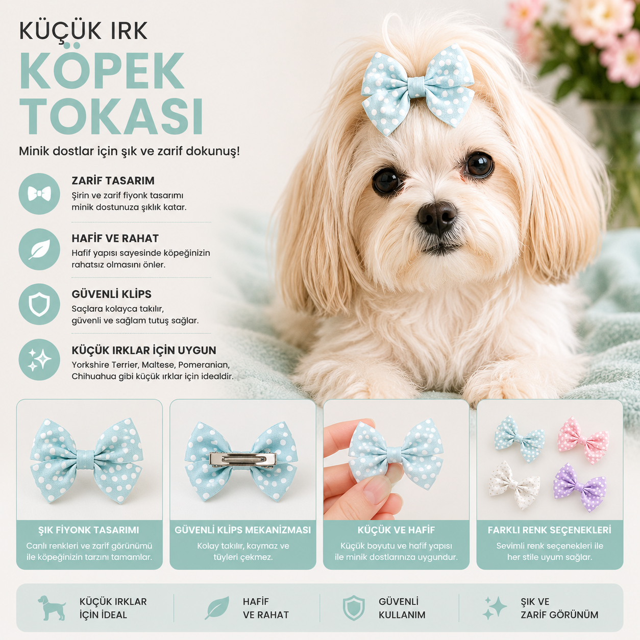Küçük Irk Köpek Tokası Fiyonk İncili Klipsli - Mint Yeşili