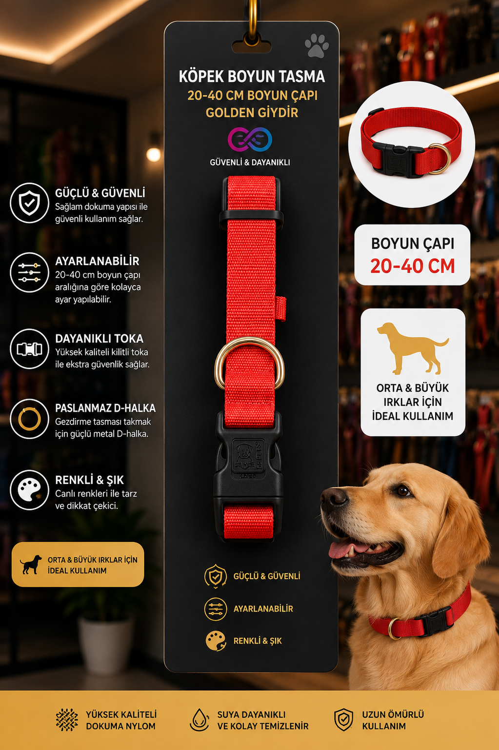 M-Pets Köpek Boyun Tasması 20-40 cm Ayarlanabilir Kilitli Toka D-Halkalı - Kırmızı