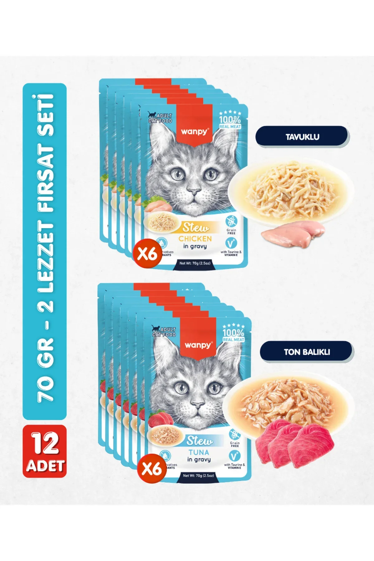 Wanpy 12li Karışık Yetişkin Kedi Yaş Maması 2 Lezzet Ton & Tavuk Premium Kalite 12 x 70 gr