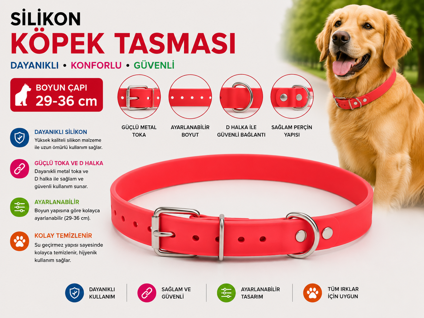 Silikon Köpek Boyun Tasması 29-36 cm Su Geçirmez Ayarlanabilir Metal Tokalı - Kırmızı