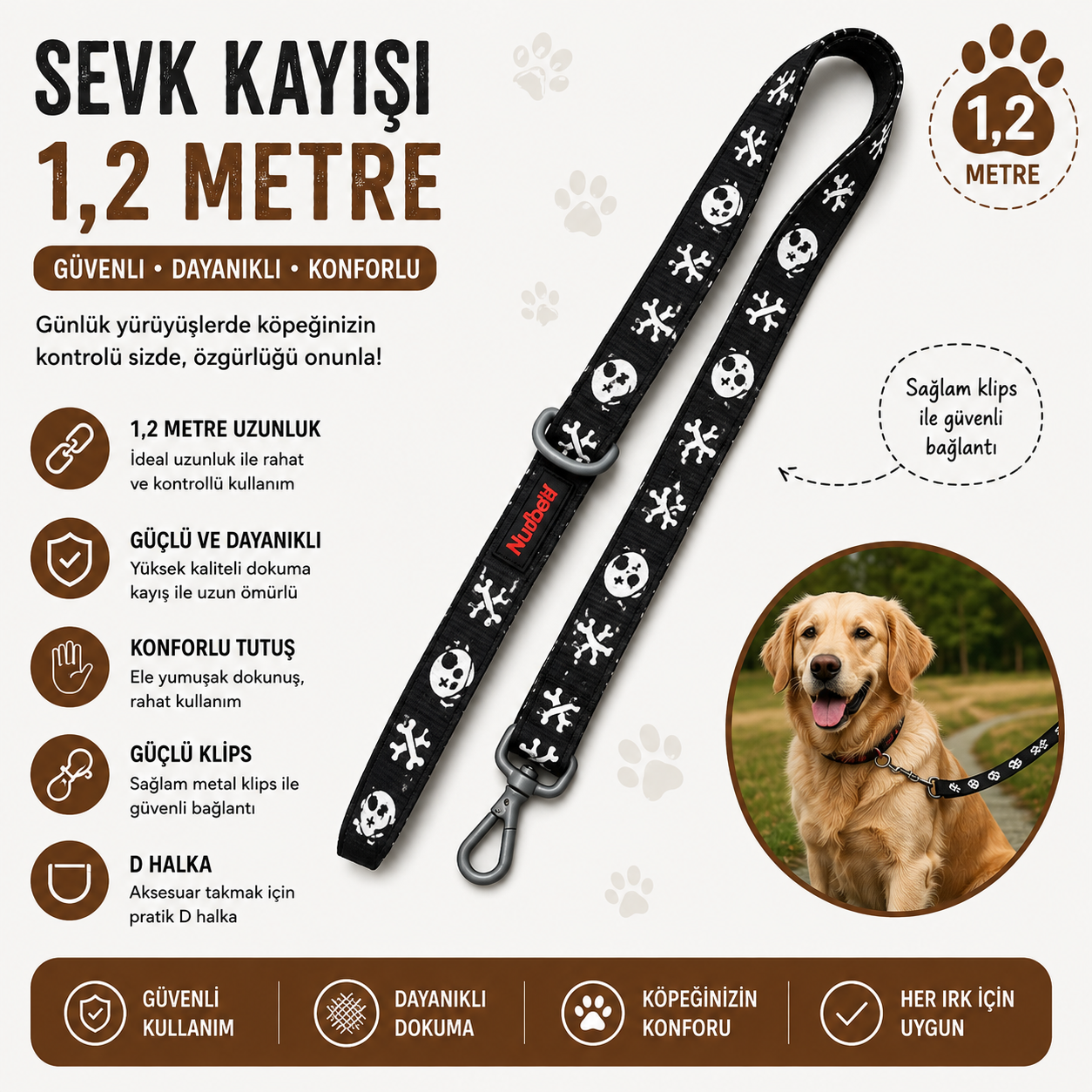 Köpek Sevk Kayışı 1,2 Metre Kuru Kafa Desenli Dokuma Metal Klipsli - Siyah