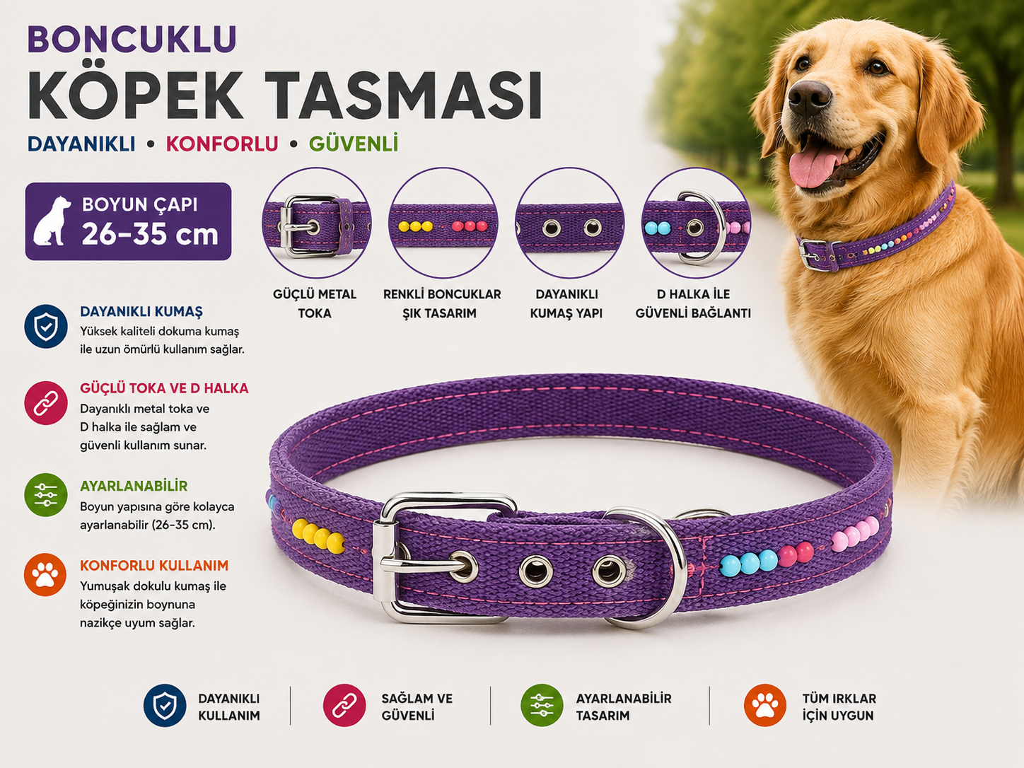 Boncuklu Köpek Boyun Tasması 26-35 cm Küçük Irk Ayarlanabilir Metal Tokalı D Halkalı - Mor