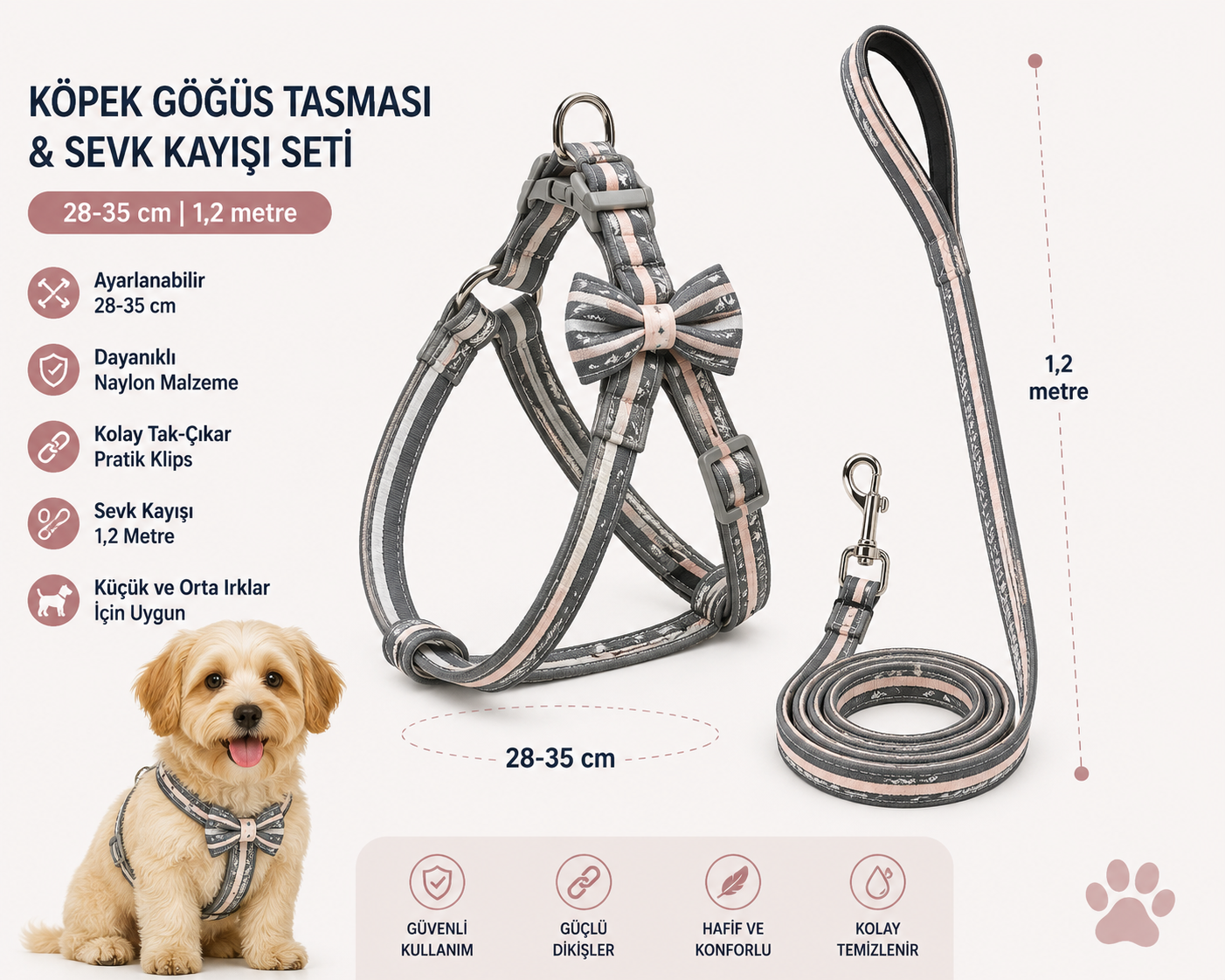 Köpek Göğüs Tasması ve Sevk Kayışı Seti 28-35 cm Papyonlu 1,2 Metre Kayış - Gri