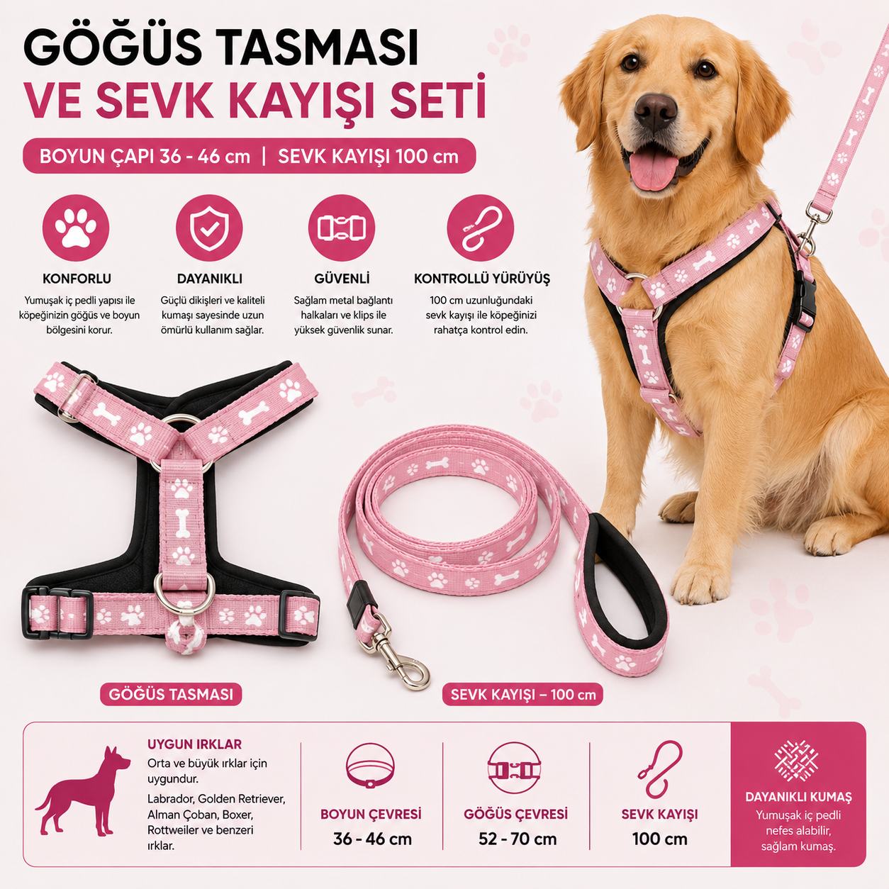Köpek Göğüs Tasması ve Sevk Kayışı Seti Pati Kemik Desenli İçi Pedli 100 cm Kayış - Pembe
