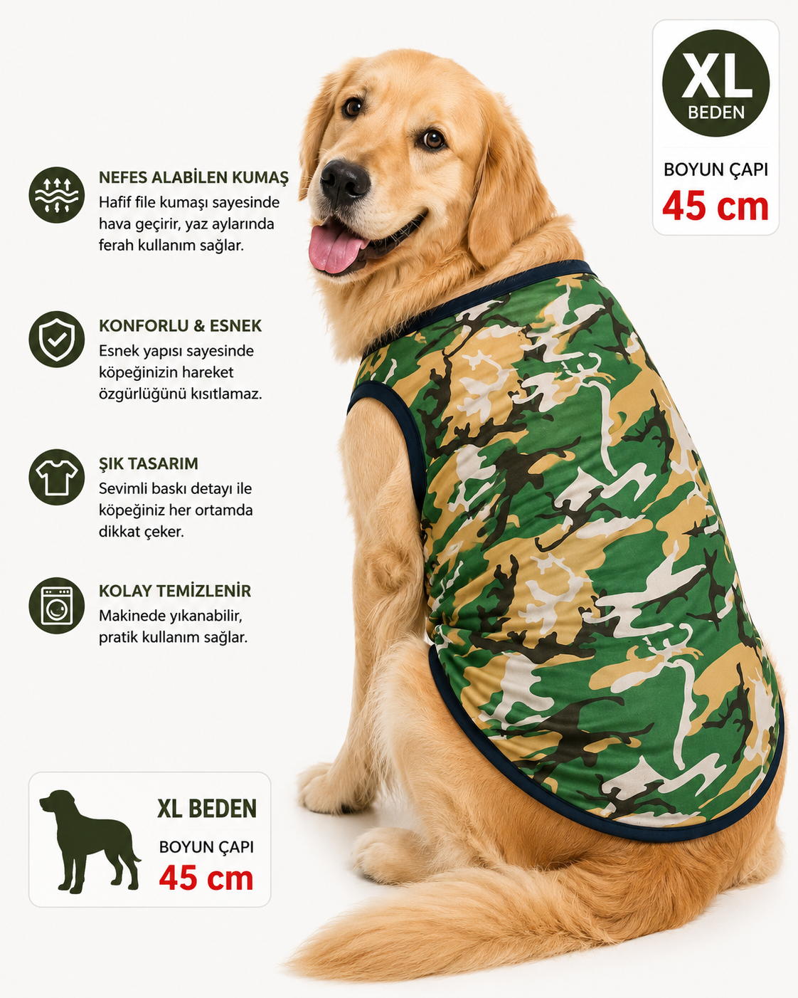 Köpek Tişörtü XL Beden Boyun Çapı 45 cm Kamuflaj Desenli Kolsuz Atlet - Yeşil Haki