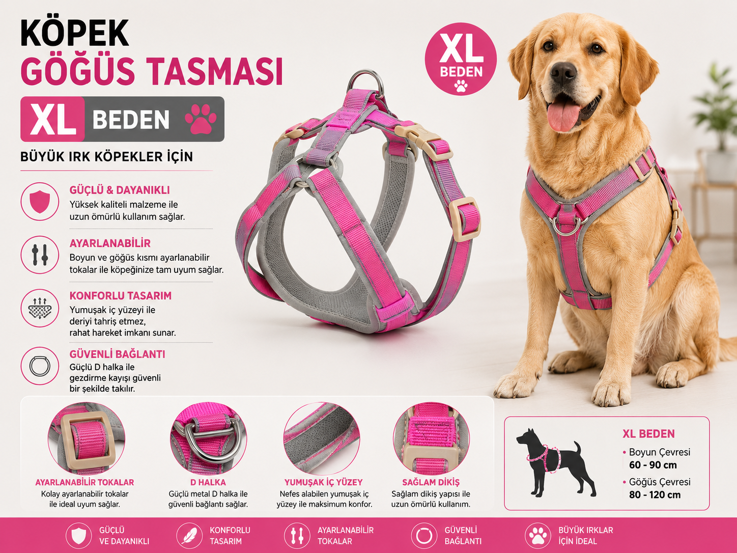 Köpek Göğüs Tasması XL Beden Büyük Irk Reflektörlü Ayarlanabilir - Fuşya