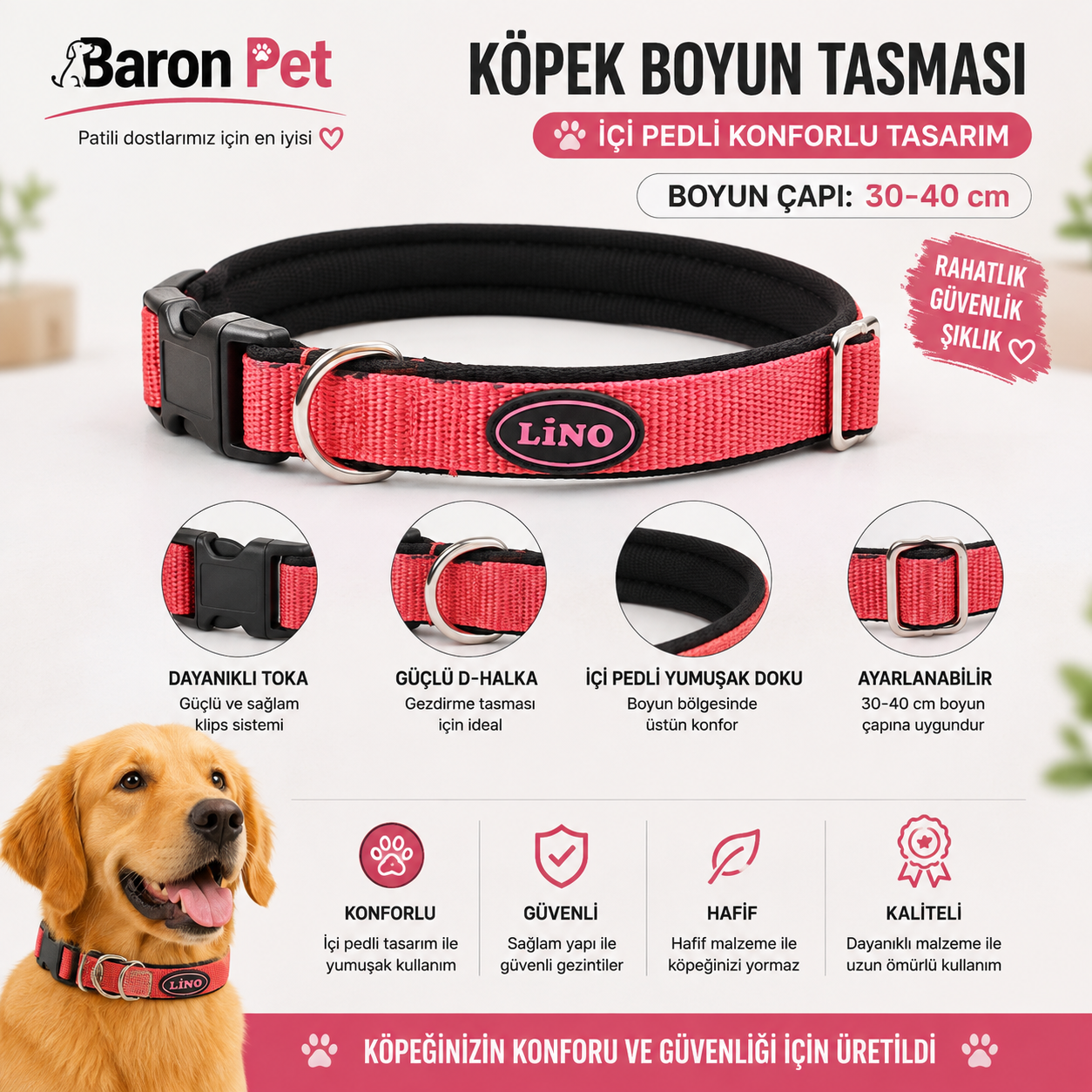 Pedli Köpek Boyun Tasması 30-40 cm Klips Tokalı Ayarlanabilir - Mercan