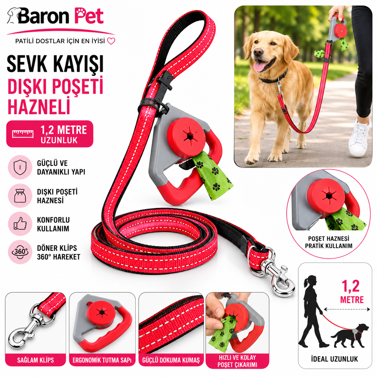 Köpek Sevk Kayışı 1,2 Metre Dışkı Poşeti Hazneli Reflektörlü Döner Klipsli - Kırmızı