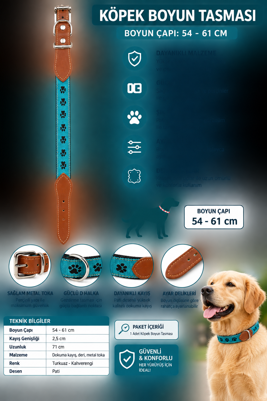 Köpek Boyun Tasması 54-61 cm Pati Desenli Deri Uçlu Metal Tokalı - Turkuaz Kahverengi