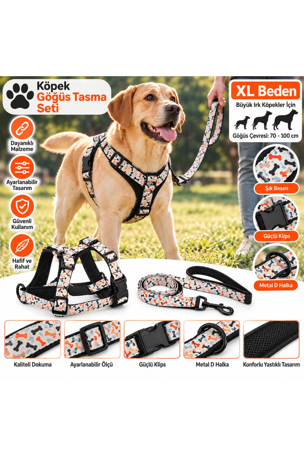 Köpek Göğüs Tasması Seti XL Beden Kemik Desenli - Göğüs Çevresi 70-100 cm