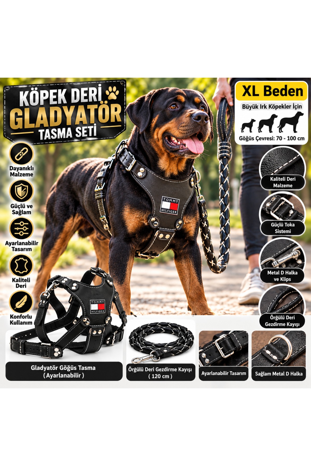 Köpek Deri Gladyatör Göğüs Tasma Seti XL - Örgülü Gezdirme Kayışı (Göğüs 70-100 cm)