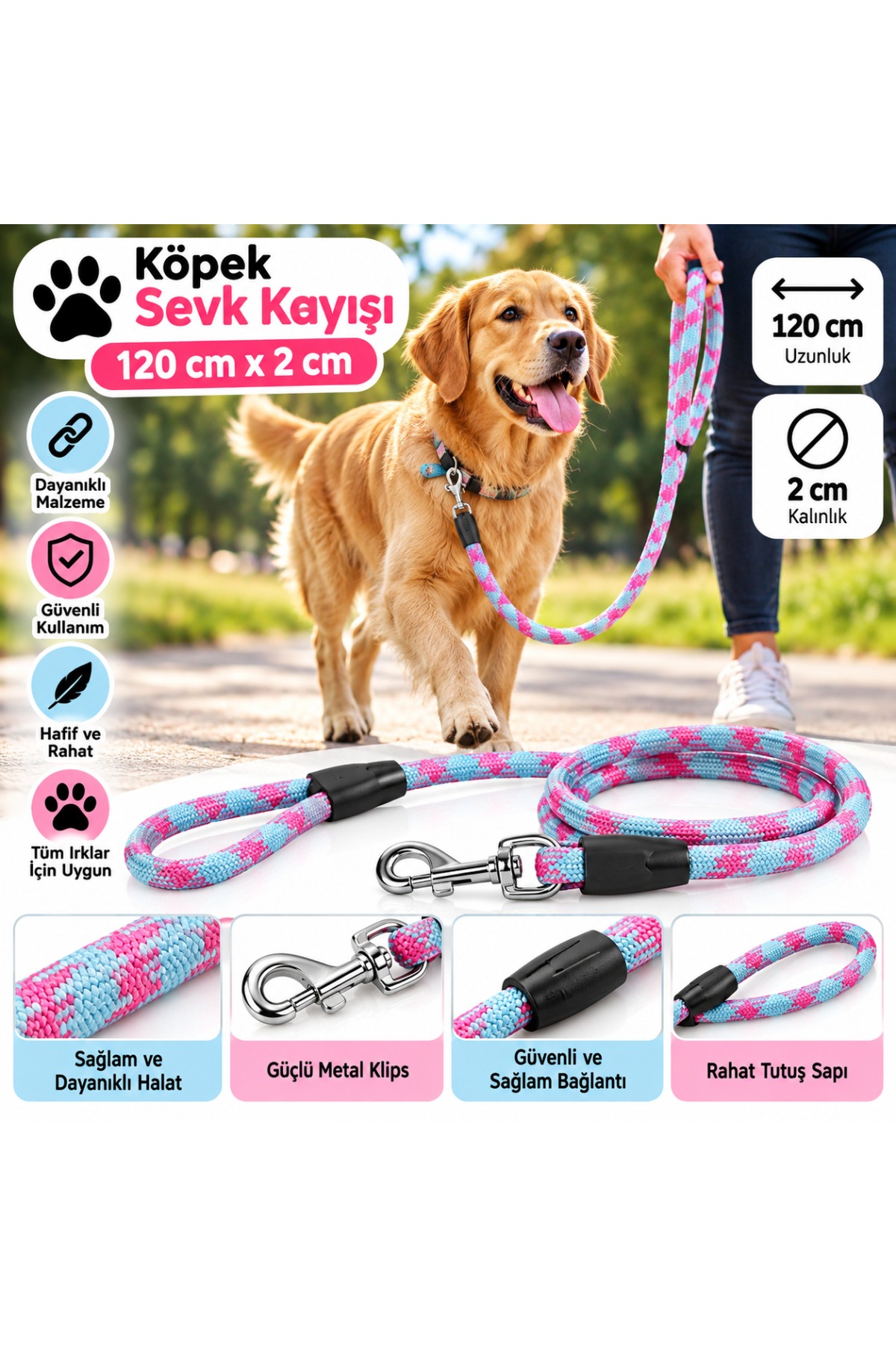 Köpek Gezdirme Sevk Kayışı Örgülü Fitil 120 cm x 2 cm