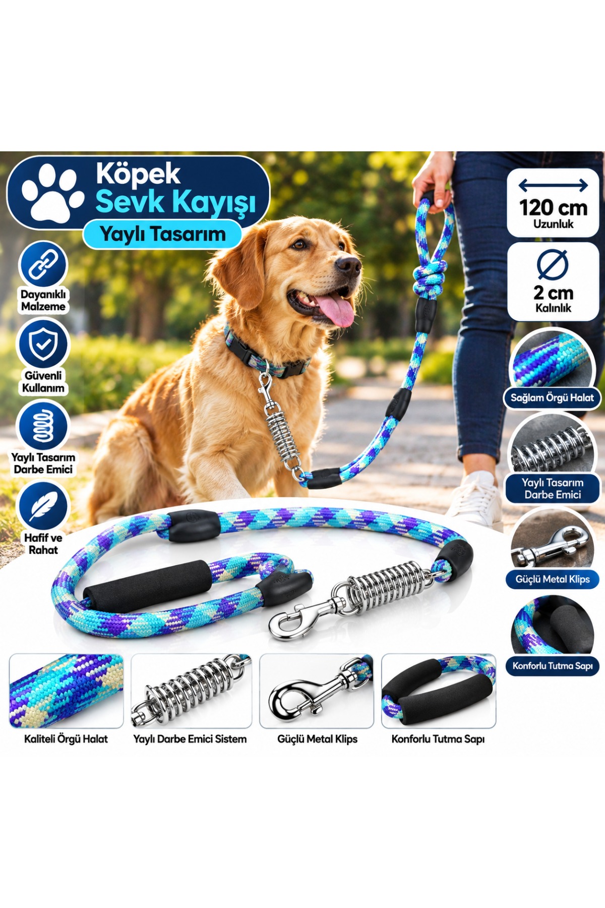 Köpek Gezdirme Sevk Kayışı Yaylı Darbe Emici Örgülü Fitil 120 cm x 2 cm