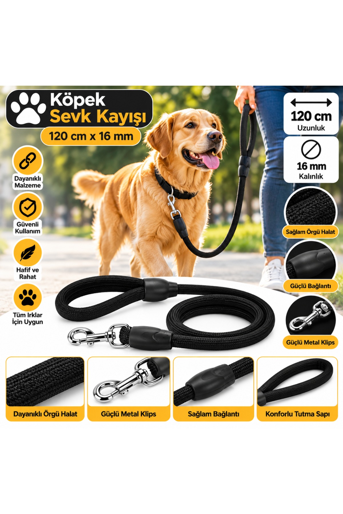 Doglife Köpek Gezdirme Sevk Kayışı Siyah Örgülü Fitil 120 cm x 16 mm