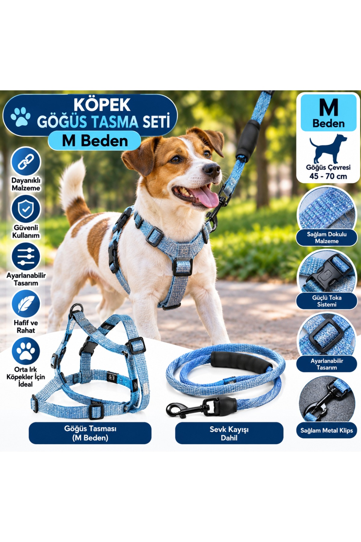 Senye Köpek Göğüs Tasması Seti Fitil M Beden - Gri Mavi (Göğüs 45-70 cm)