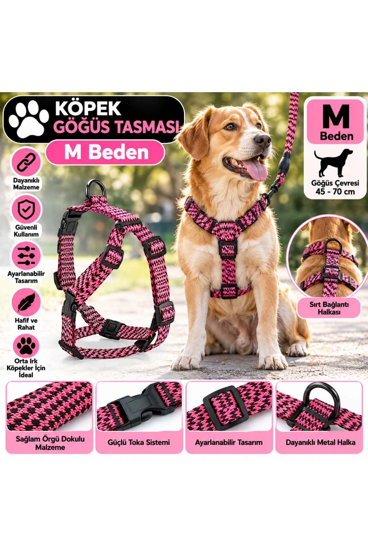 Senye Köpek Göğüs Tasması Seti Fitil M Beden - Pembe (Göğüs 45-70 cm)