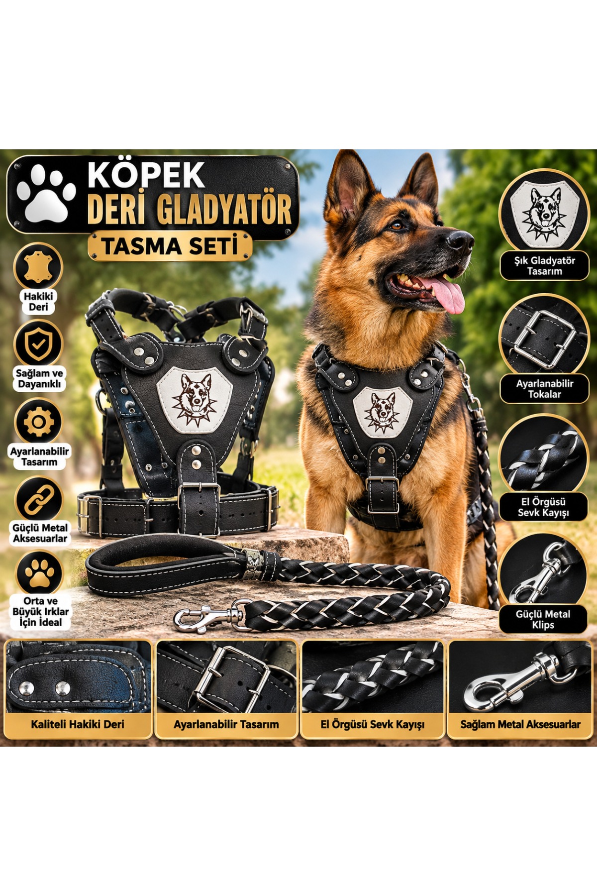 Köpek Hakiki Deri Gladyatör Göğüs Tasma Seti - Armalı, El Örgüsü Sevk Kayışı