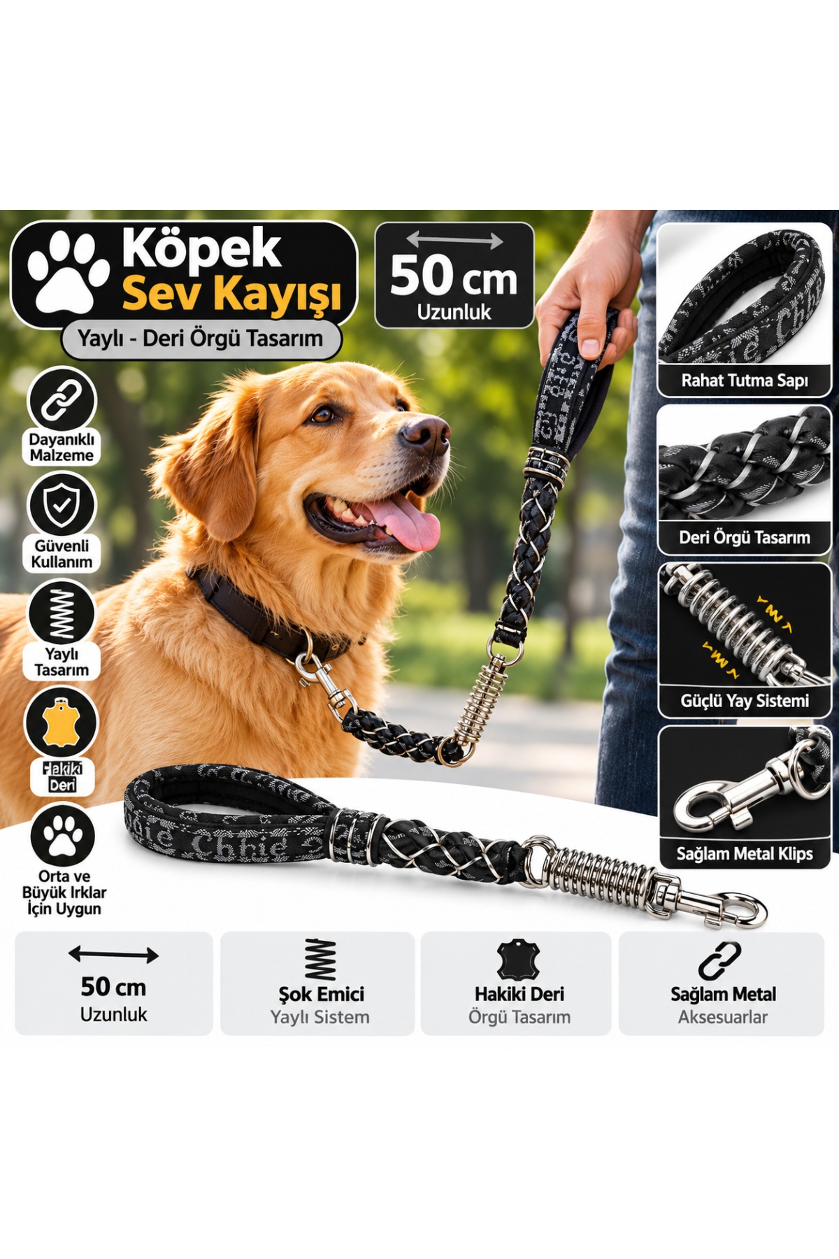 Köpek Kısa Yaylı Sevk Kayışı Hakiki Deri Örgü 50 cm - Şok Emici