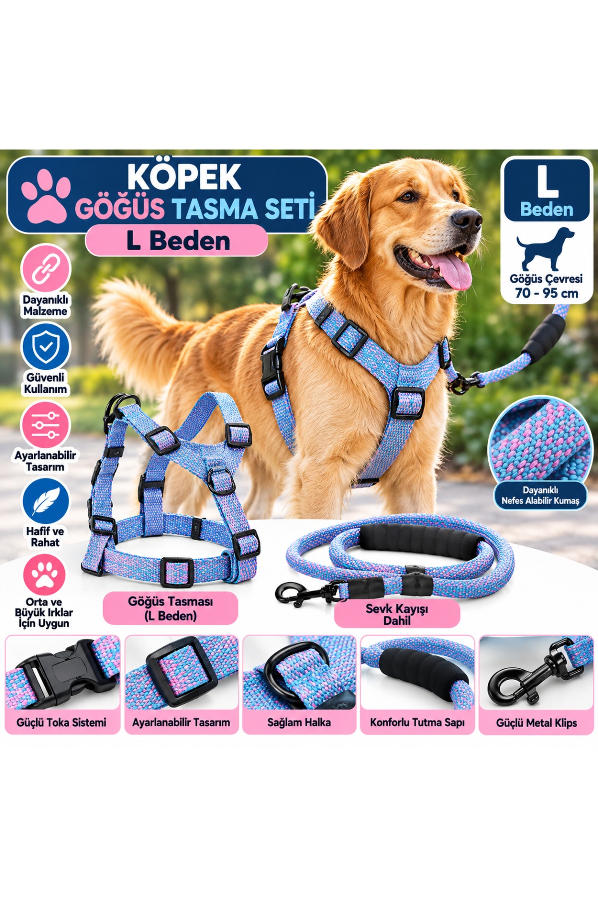Senye Köpek Göğüs Tasması Seti Fitil L Beden - Mavi Pembe (Göğüs 70-95 cm)
