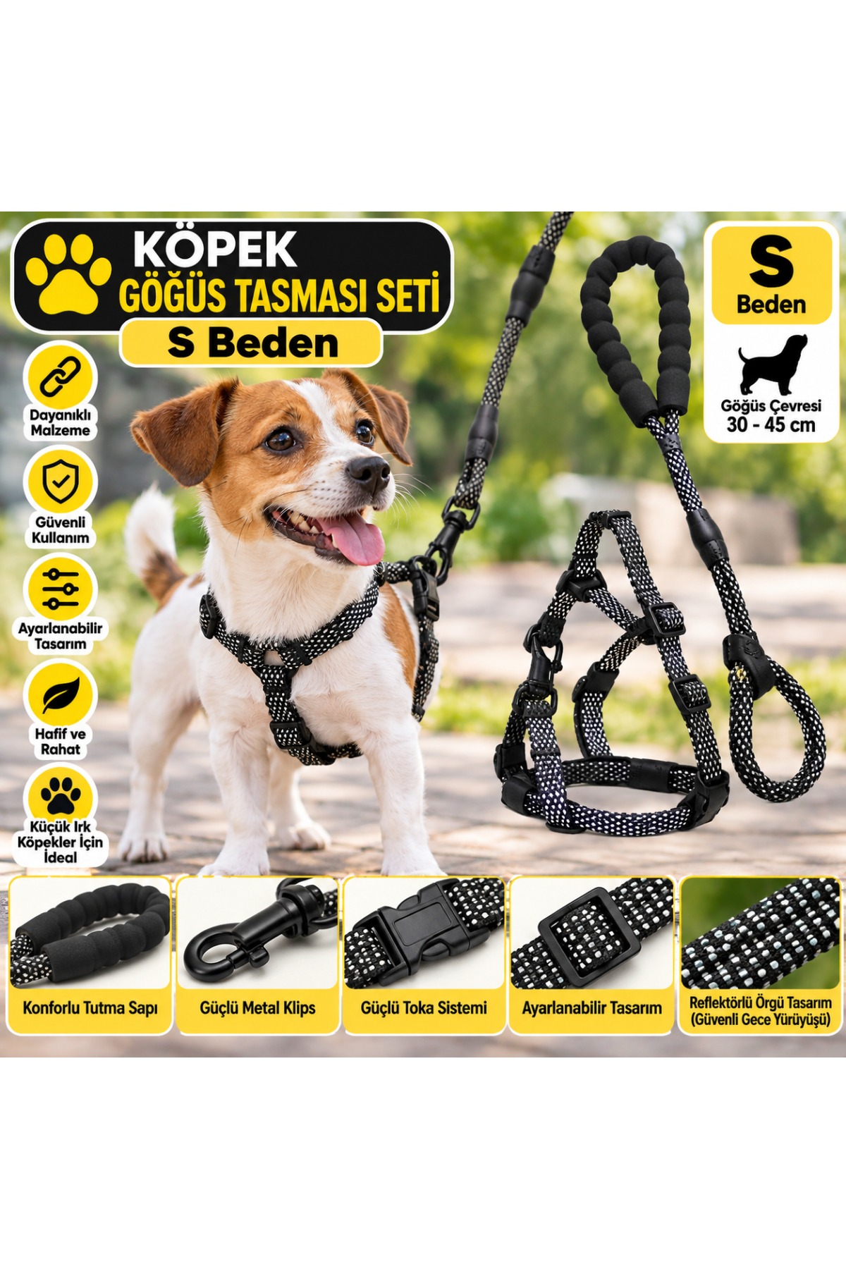 Senye Köpek Göğüs Tasması Seti Fitil S Beden - Siyah Reflektörlü (Göğüs 30-45 cm)