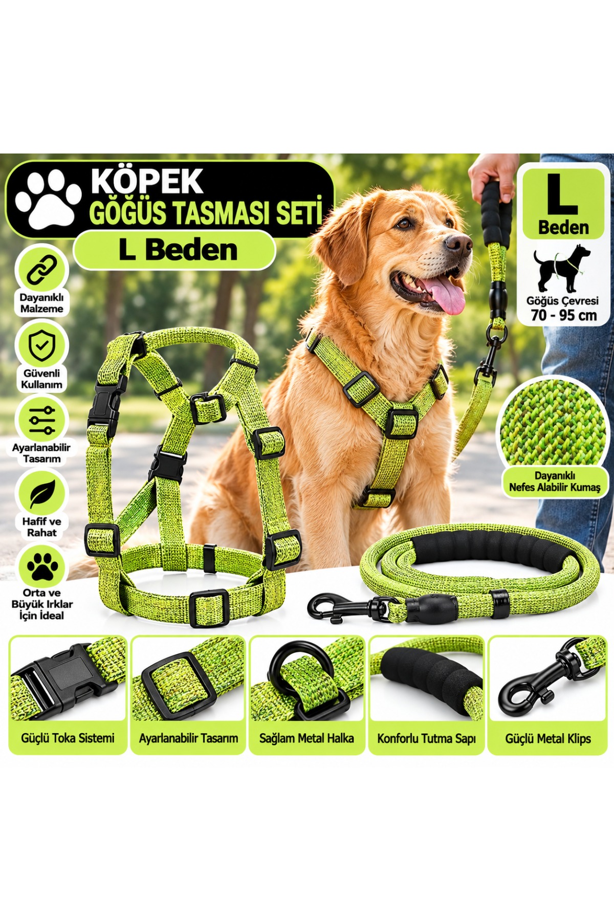 Senye Köpek Göğüs Tasması Seti Fitil L Beden - Yeşil (Göğüs 70-95 cm)