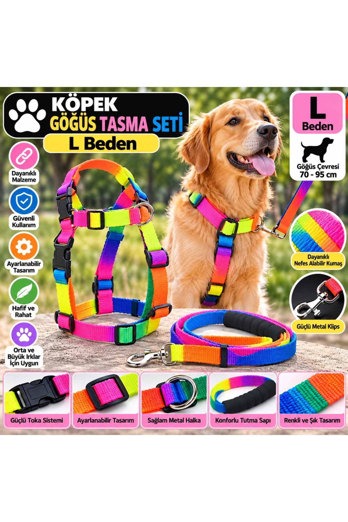 Doglife Köpek Göğüs Tasması Seti Gökkuşağı (Rainbow) L Beden 2,5 cm - Göğüs 70-95 cm