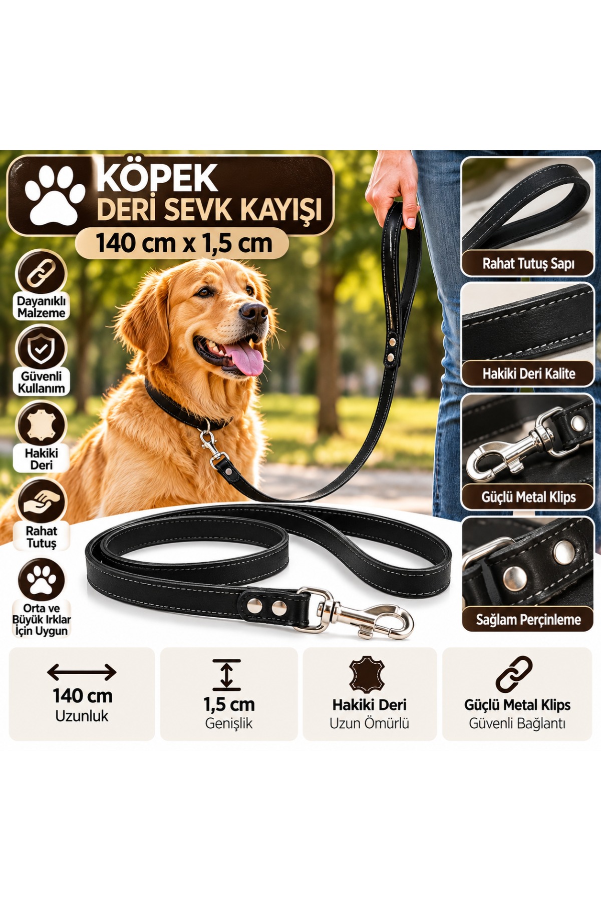 Köpek Hakiki Deri Sevk Kayışı 140 cm x 1,5 cm - Siyah