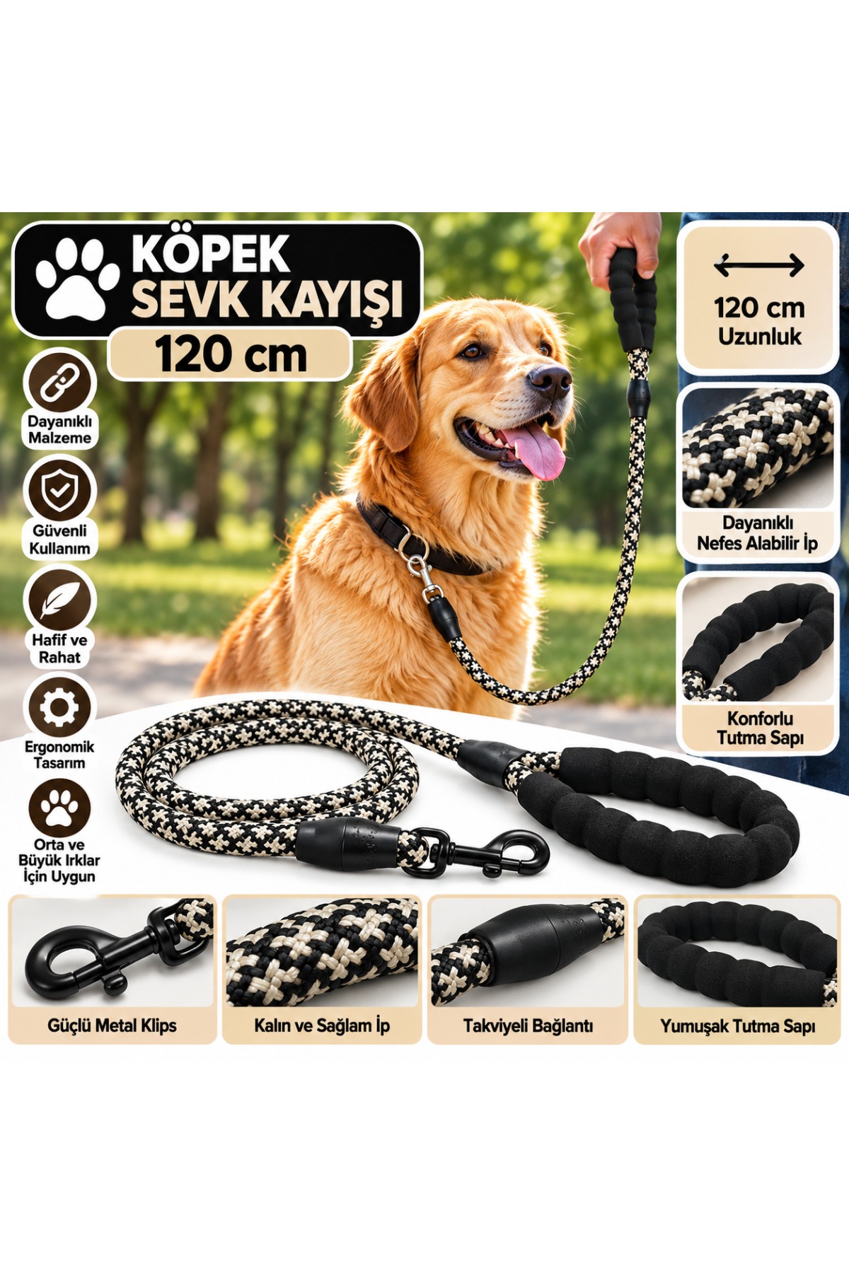 Senye Köpek Sevk Kayışı Örgülü Fitil Siyah-Beyaz 120 cm