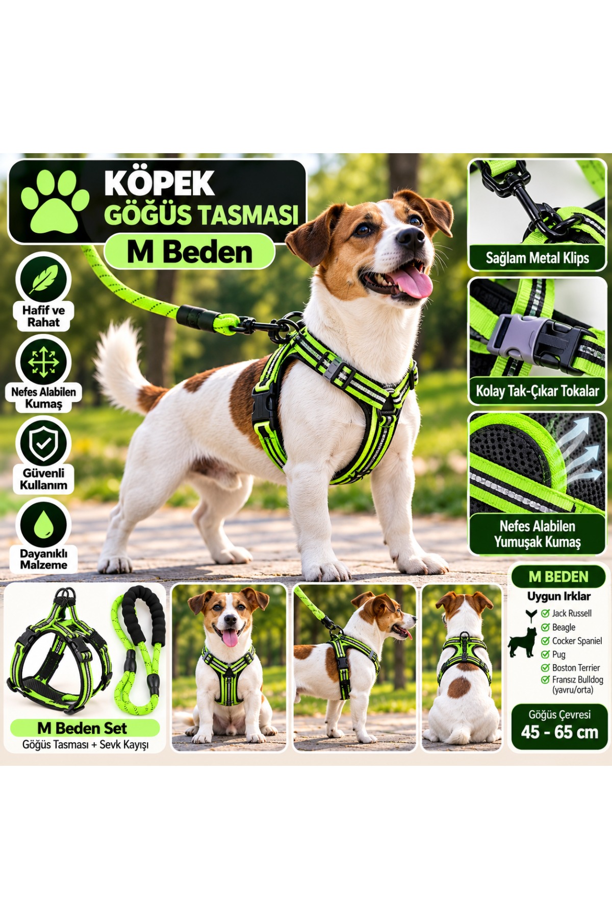 Senye Köpek Göğüs Tasması Seti Reflektörlü M Beden - Yeşil (Göğüs 45-65 cm)