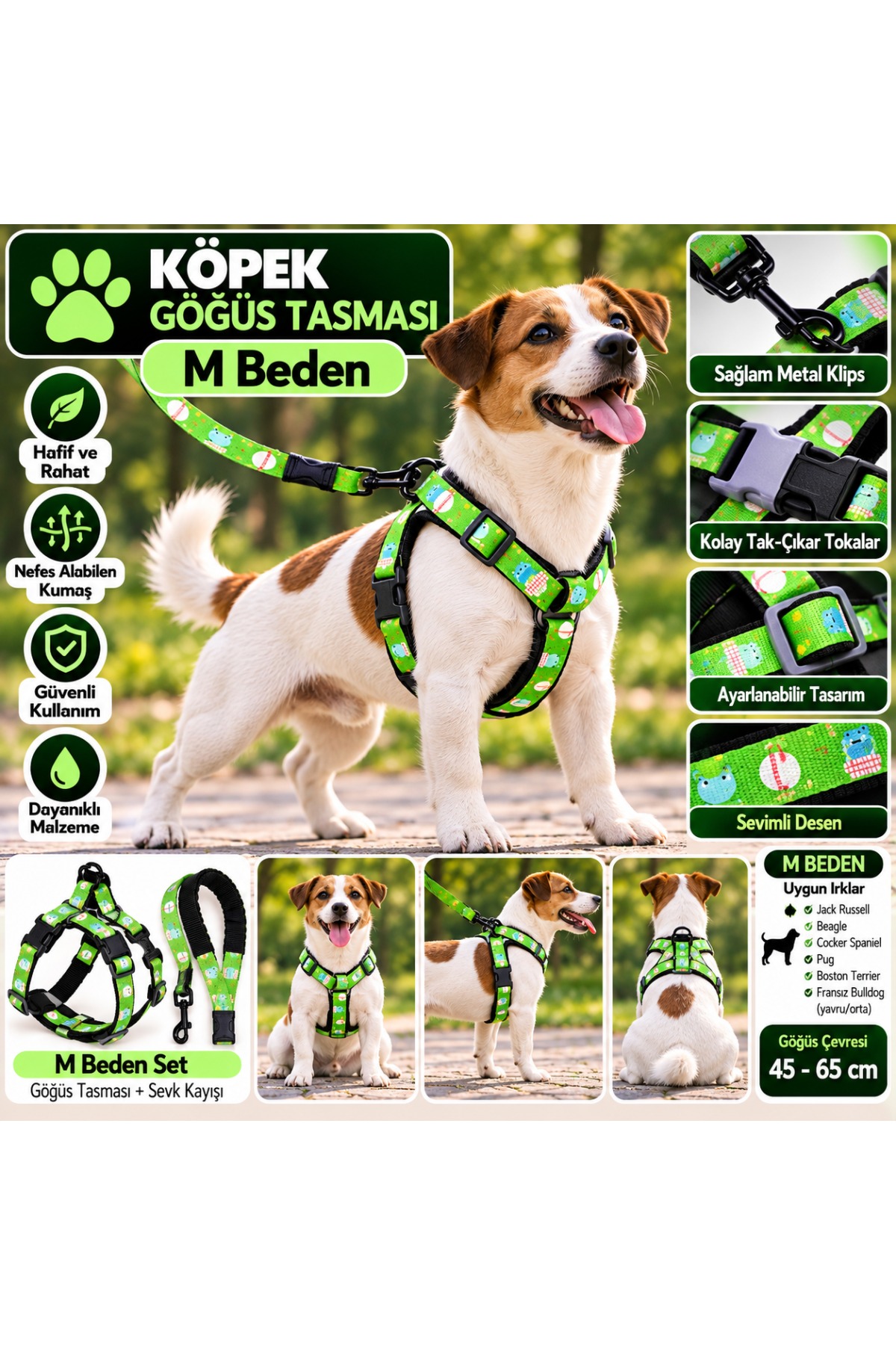 Senye Köpek Göğüs Tasması Seti Reflektörlü M Beden - Yeşil Desenli (Göğüs 45-65 cm)
