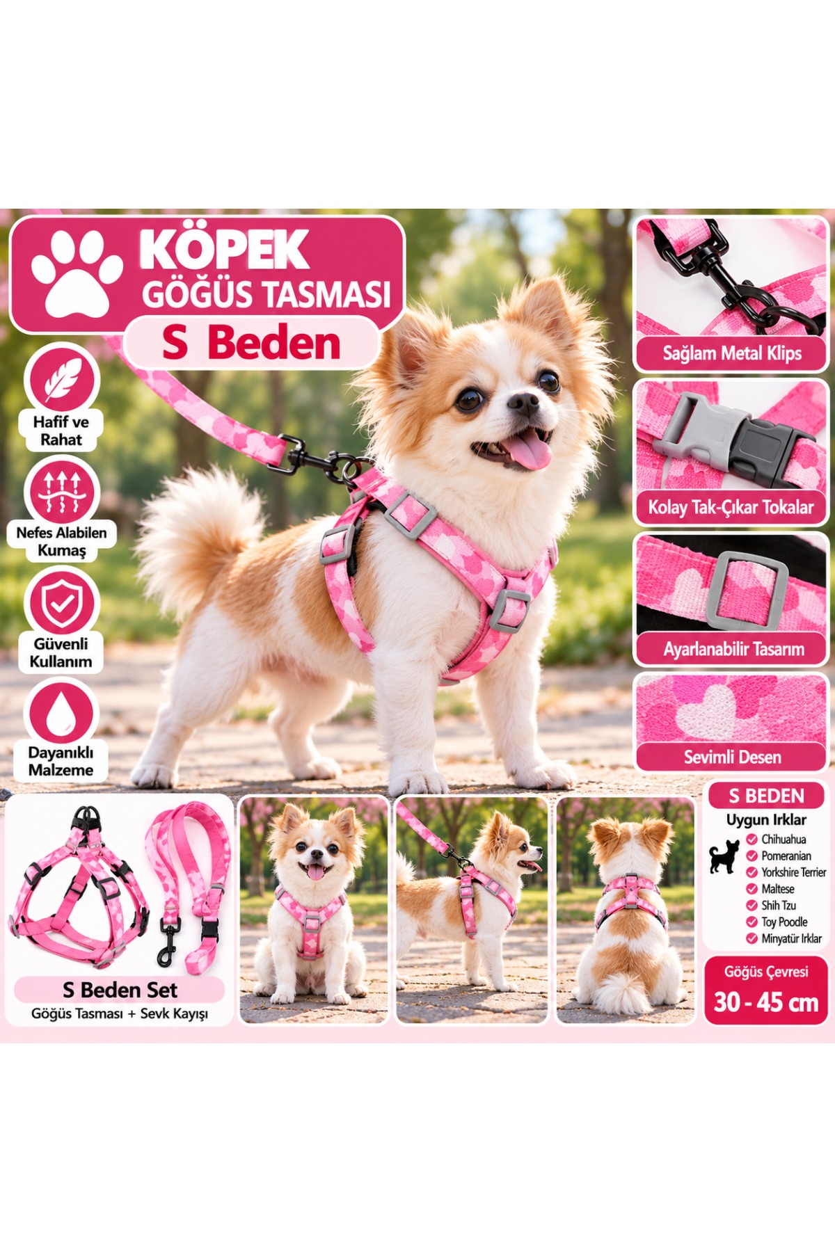 Senye Köpek Göğüs Tasması Seti Pembe Kalpli S Beden (Göğüs 30-45 cm)