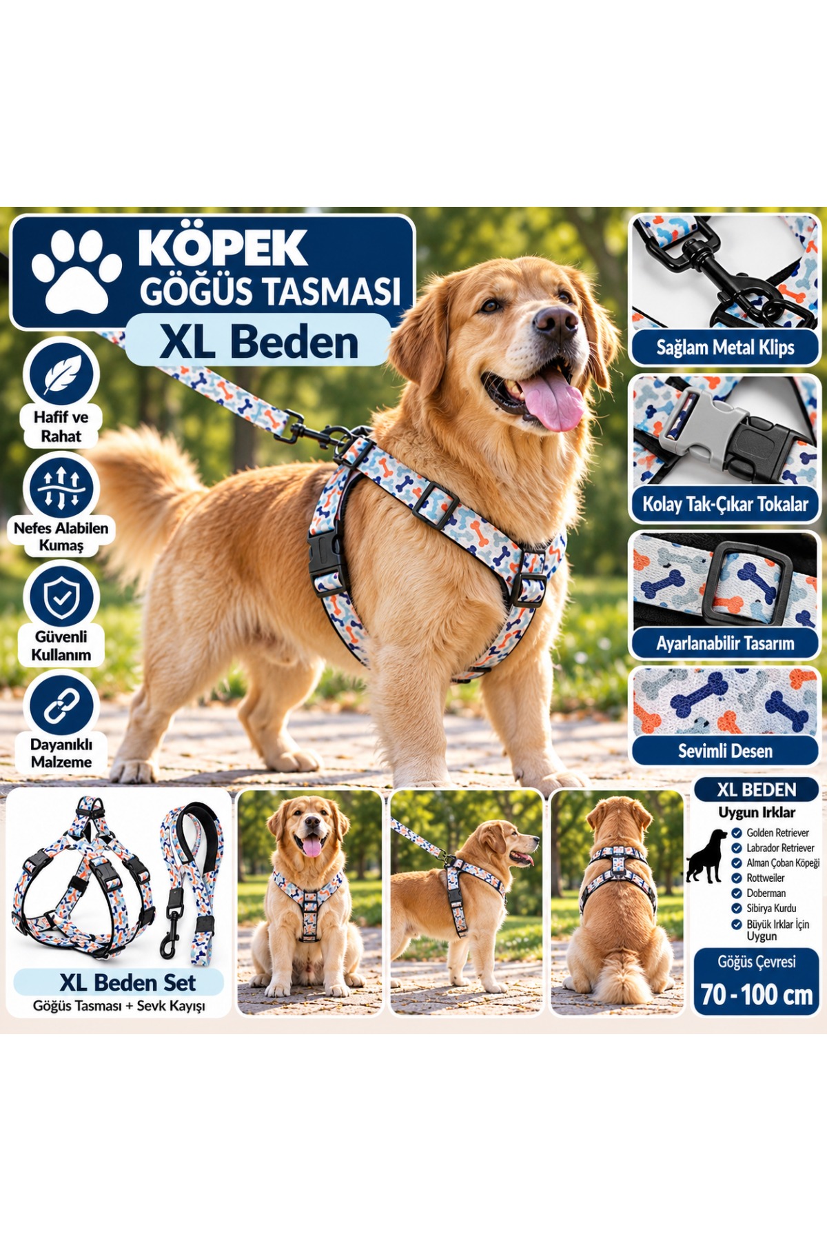 Senye Köpek Göğüs Tasması Seti Kemik Desenli XL Beden (Göğüs 70-100 cm)