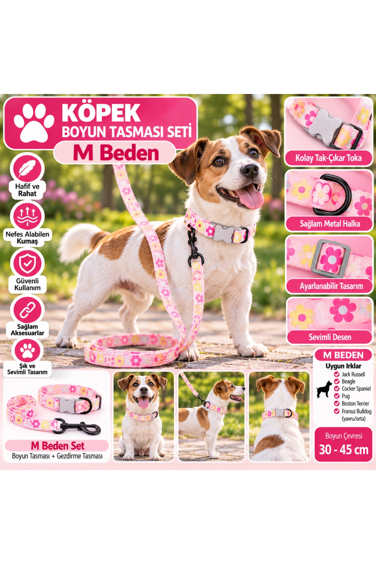 Senye Köpek Boyun Tasması Seti Pembe Çiçekli M Beden (Boyun 30-45 cm)