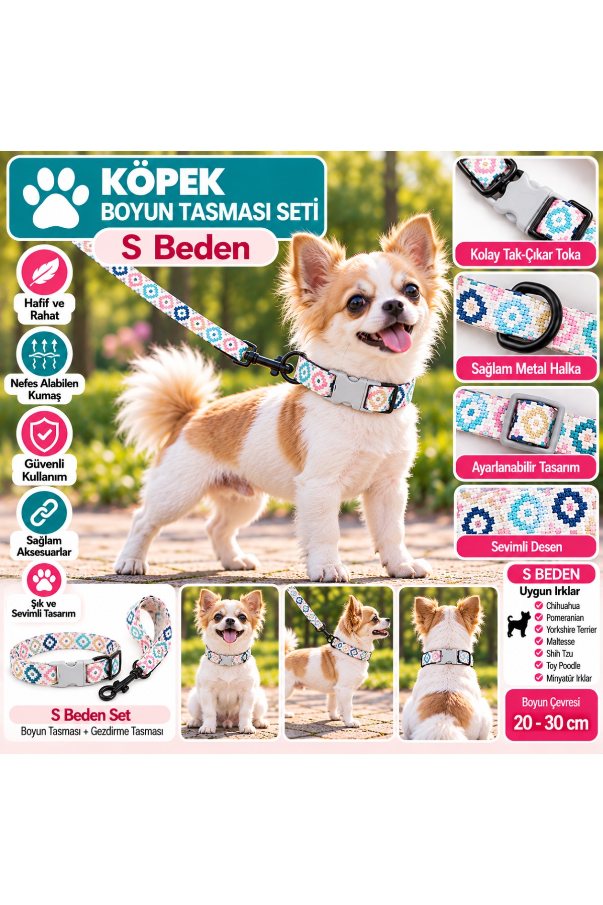 Senye Köpek Boyun Tasması Seti Renkli Etnik Desenli S Beden (Boyun 20-30 cm)