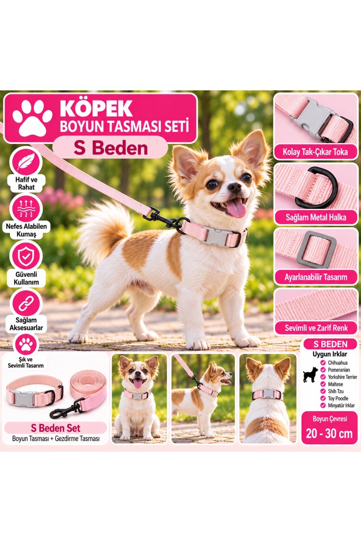 Senye Köpek Boyun Tasması Seti Düz Pembe S Beden (Boyun 20-30 cm)