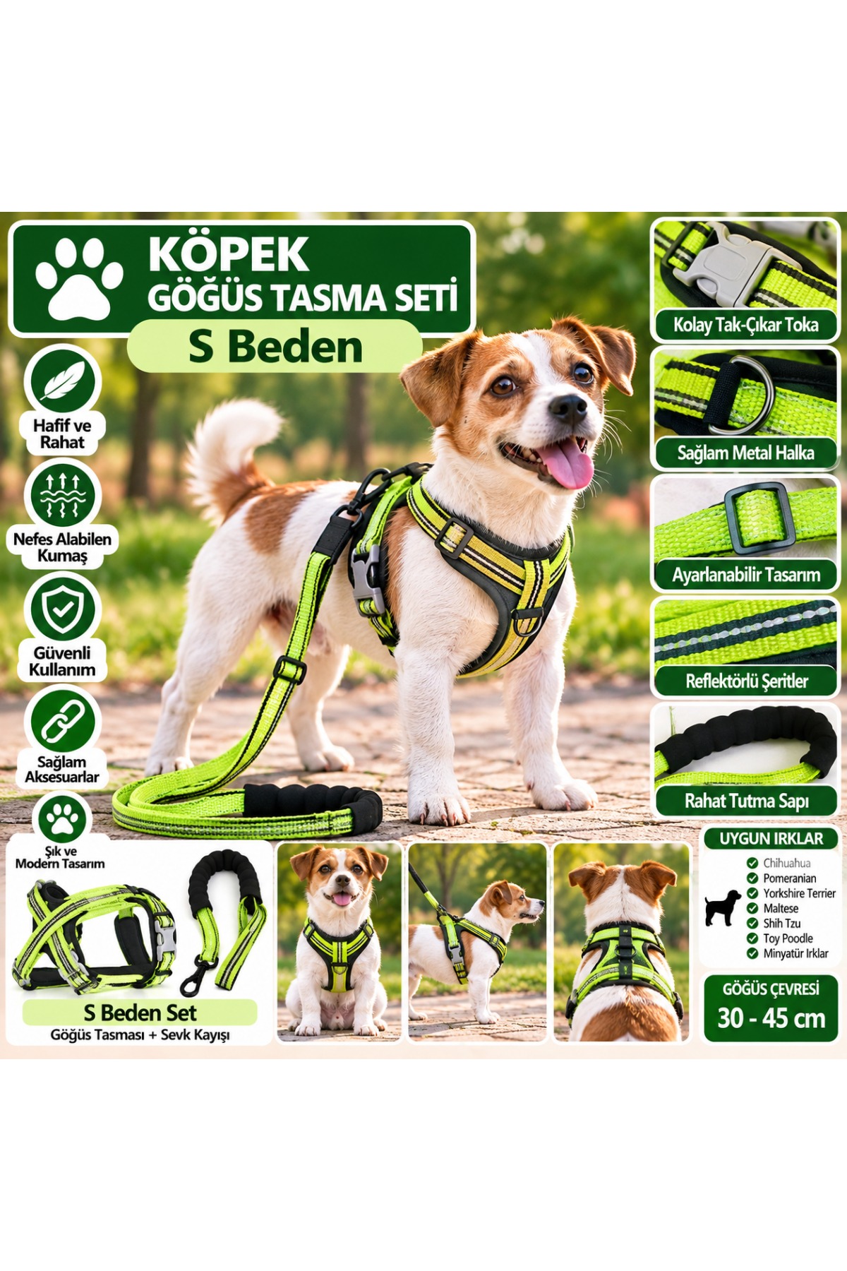 Senye Köpek Göğüs Tasması Seti Reflektörlü S Beden - Yeşil (Göğüs 30-45 cm)