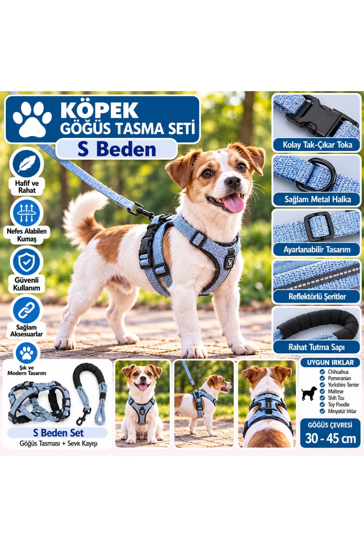 Senye Köpek Göğüs Tasması Seti Reflektörlü S Beden - Mavi (Göğüs 30-45 cm)