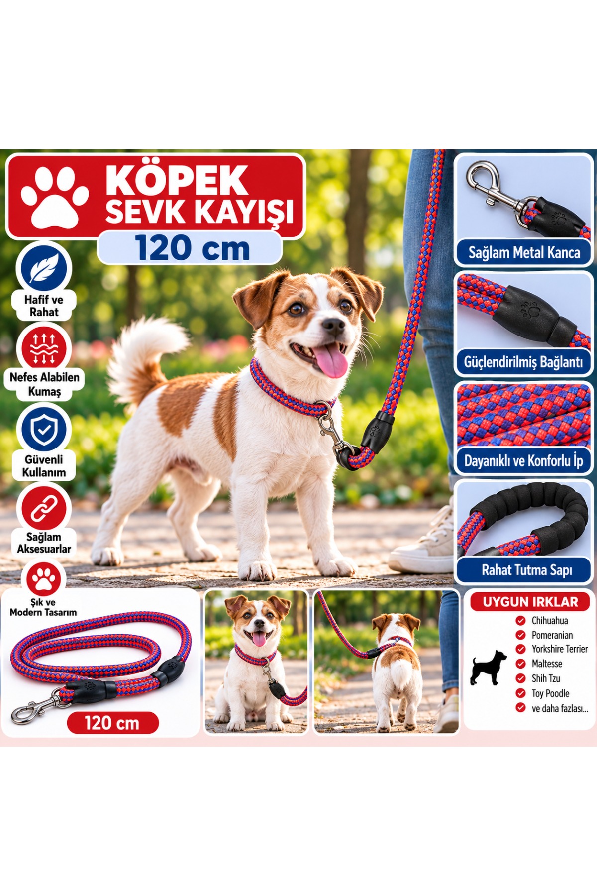 Senye Köpek Sevk Kayışı Örgülü Fitil Kırmızı-Mavi 120 cm