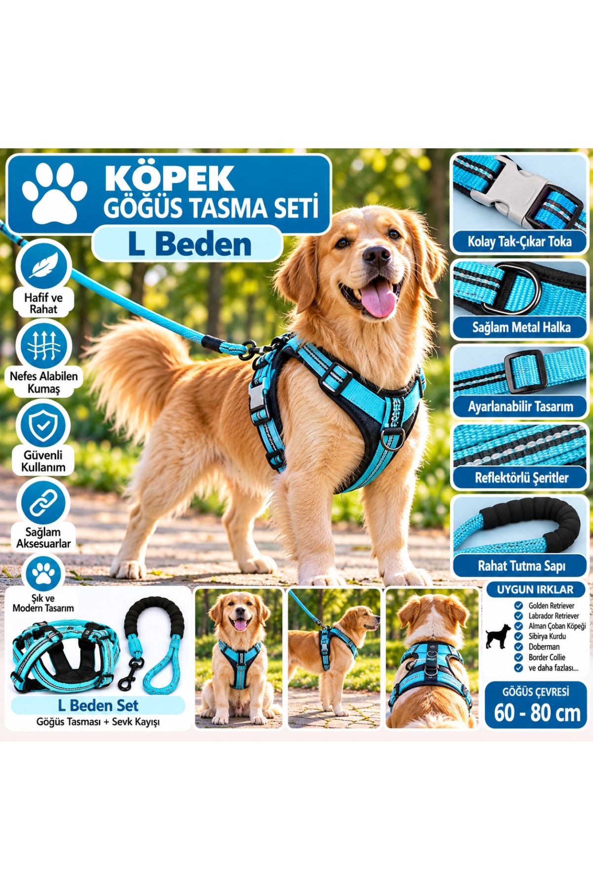 Senye Köpek Göğüs Tasması Seti Reflektörlü L Beden - Mavi (Göğüs 60-80 cm)