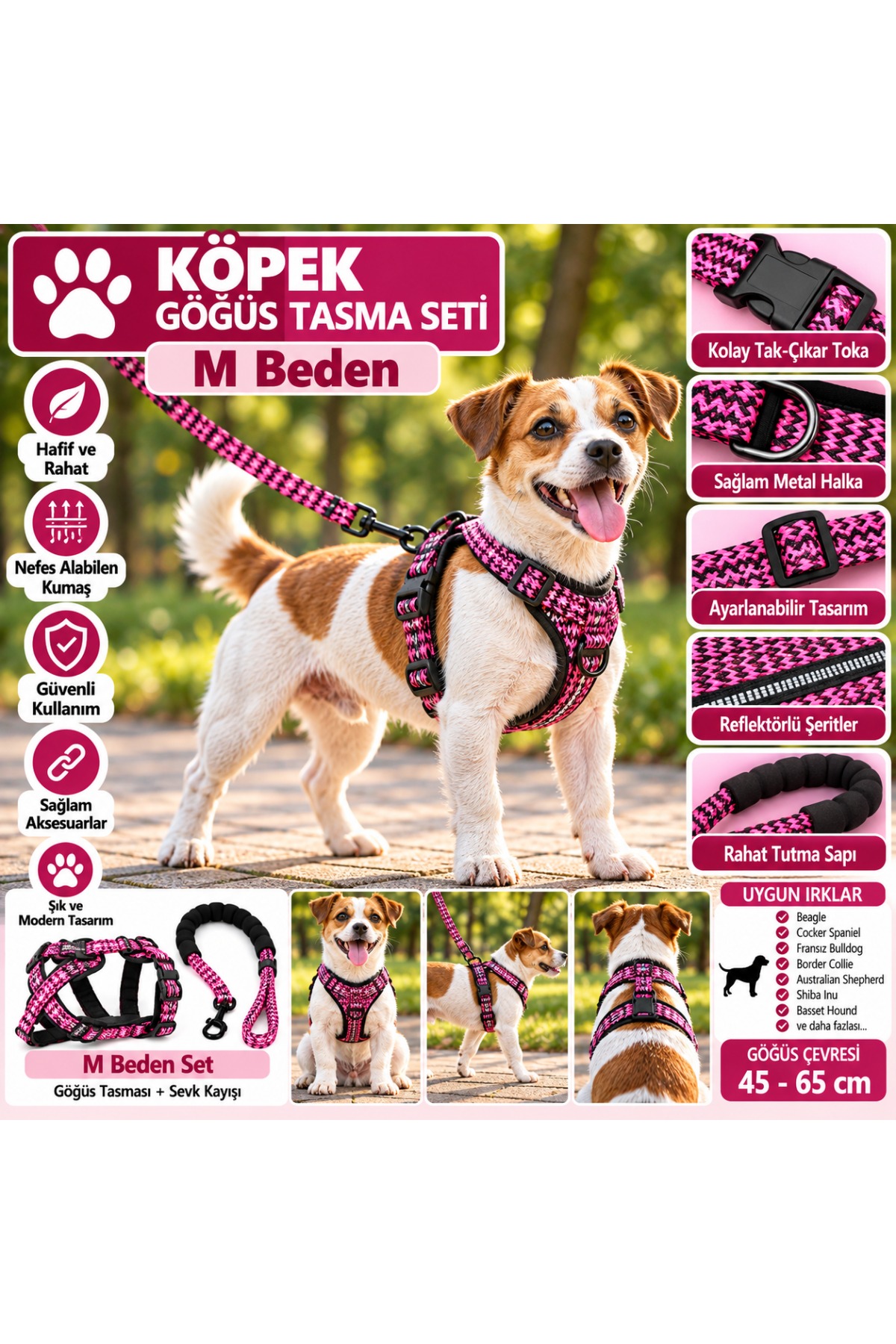 Senye Köpek Göğüs Tasması Seti Reflektörlü M Beden - Neon Pembe (Göğüs 45-65 cm)