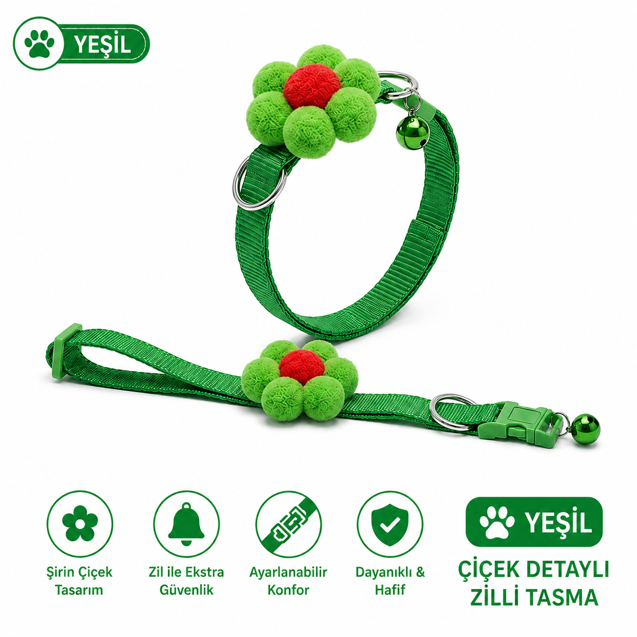 Ponpon Çiçek Süslemeli Zilli Kedi Tasması Ayarlanabilir Emniyet Tokalı - Yeşil
