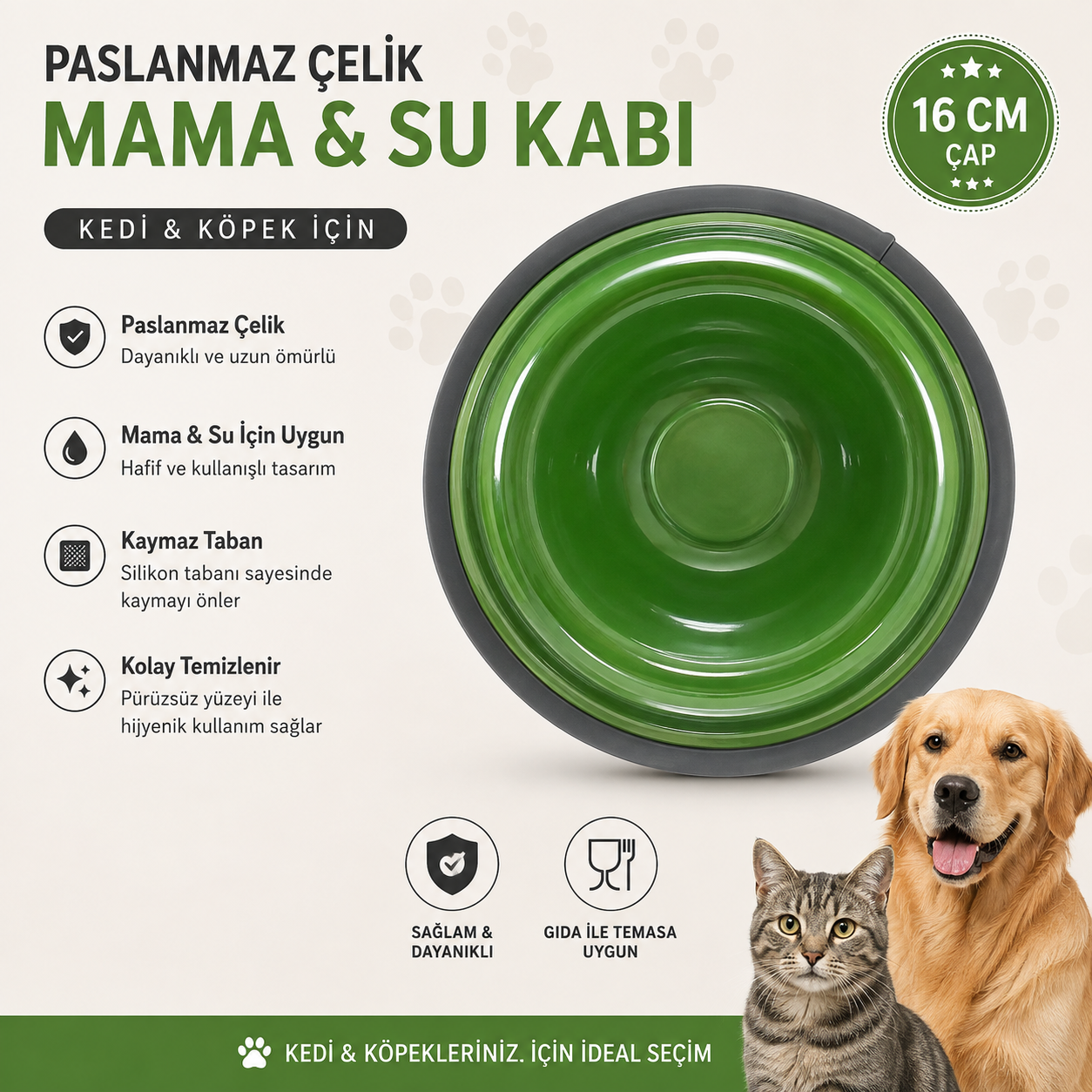 Paslanmaz Çelik Kedi Köpek Mama ve Su Kabı 16 cm Kaymaz Tabanlı - Yeşil