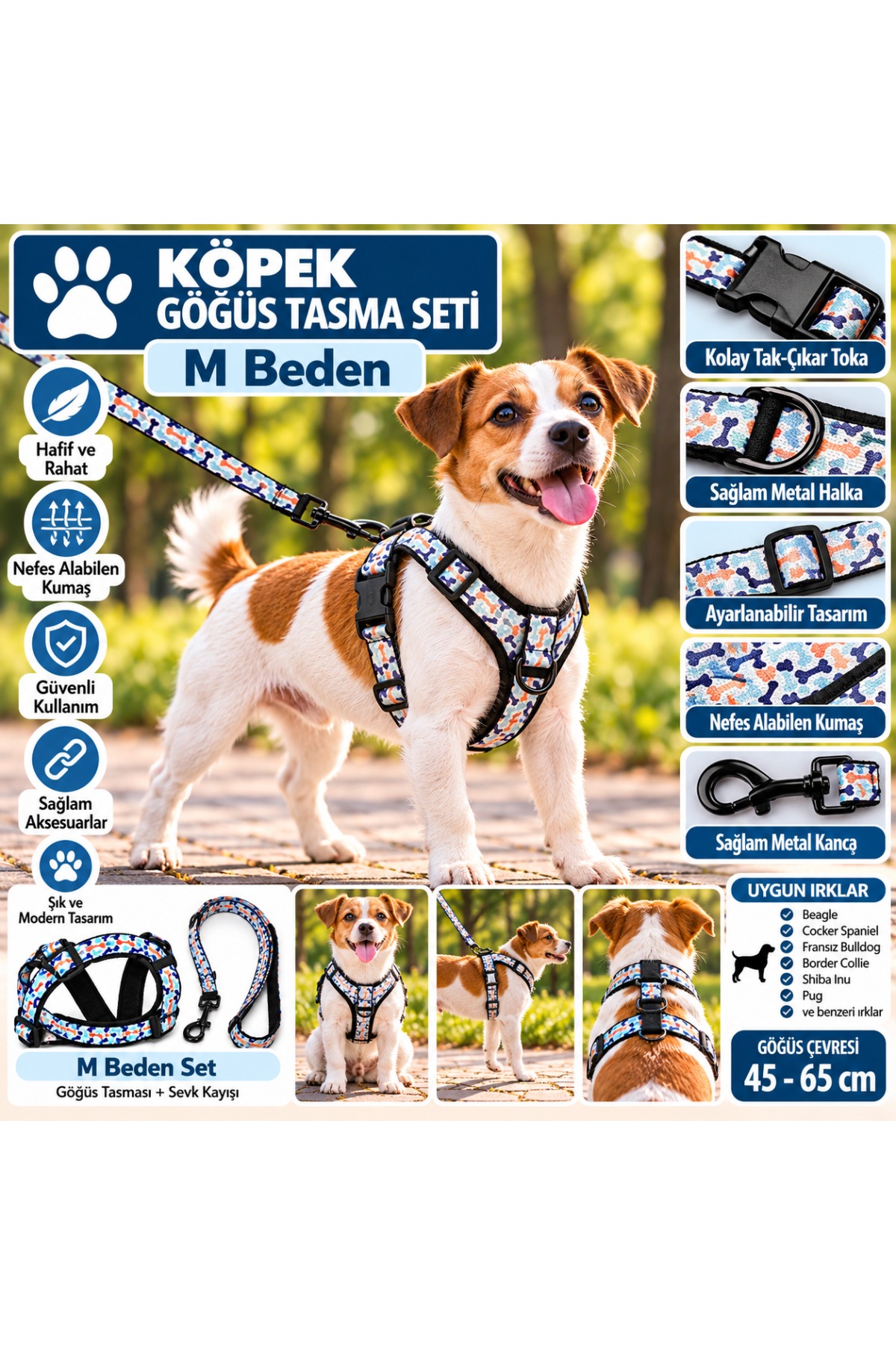 Senye Kemik Desenli Köpek Göğüs Tasması ve Sevk Kayışı Takımı M Beden