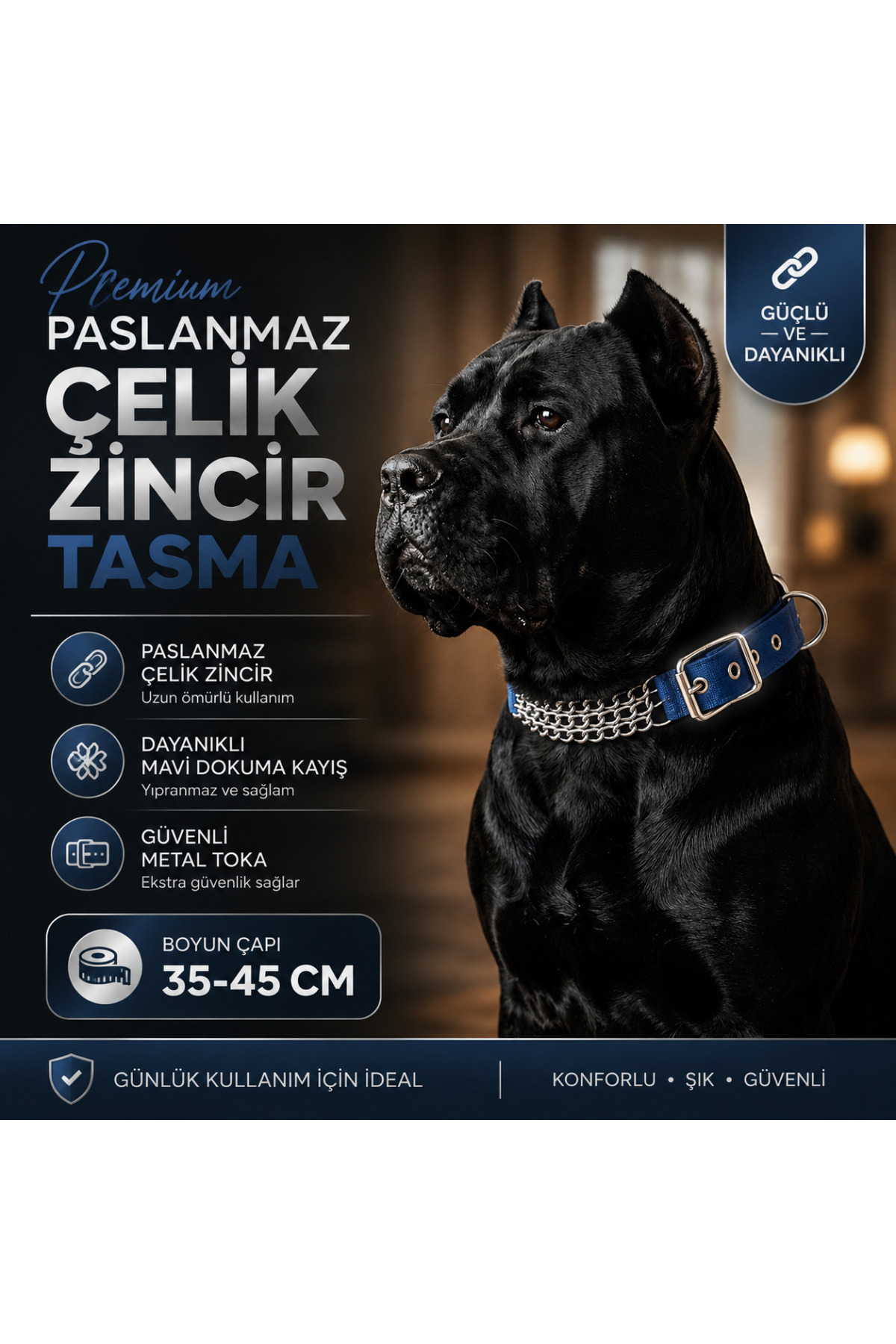 Köpek Zincir Boyun Tasması Paslanmaz Çelik Mavi Dokuma Kayış 35-45 cm Ayarlanabilir