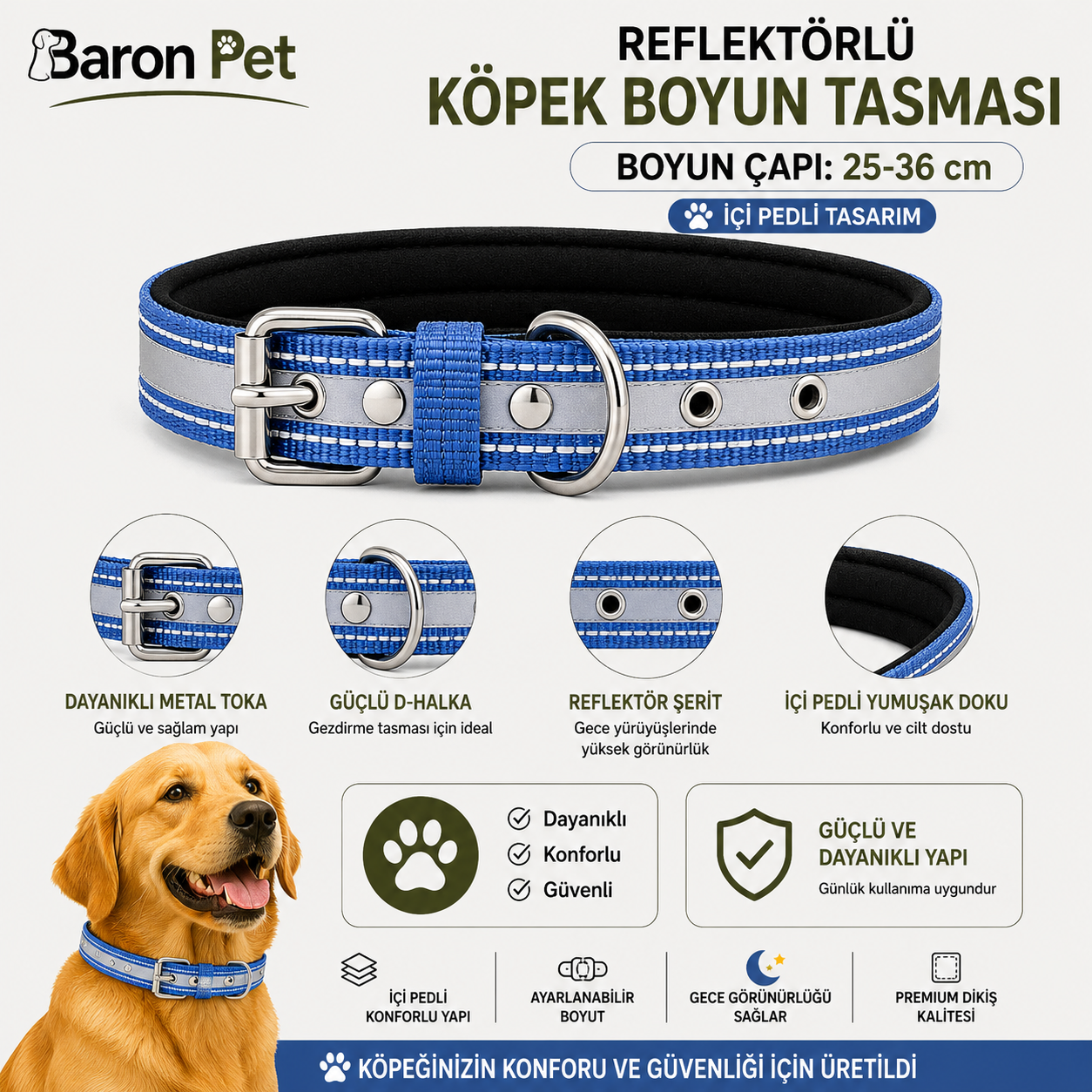 Reflektörlü Pedli Köpek Boyun Tasması 25-36 cm İçi Pedli Metal Tokalı - Mavi