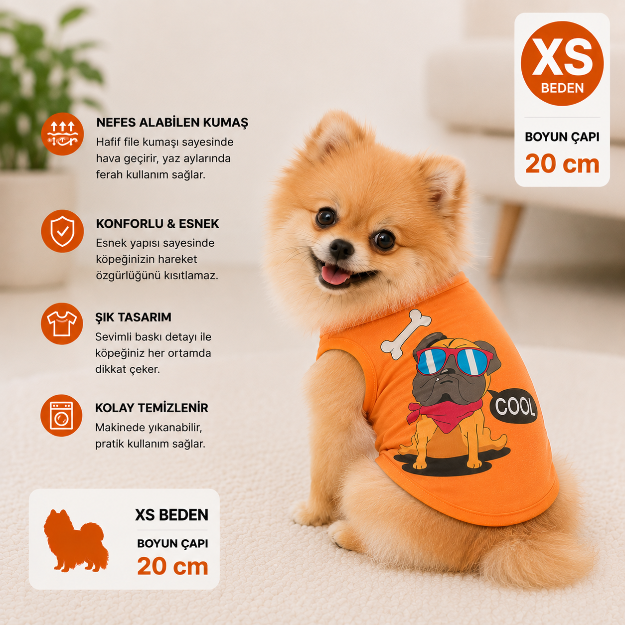Köpek Tişörtü XS Beden Boyun Çapı 20 cm Gözlüklü Köpek Baskılı Kolsuz Atlet - Turuncu