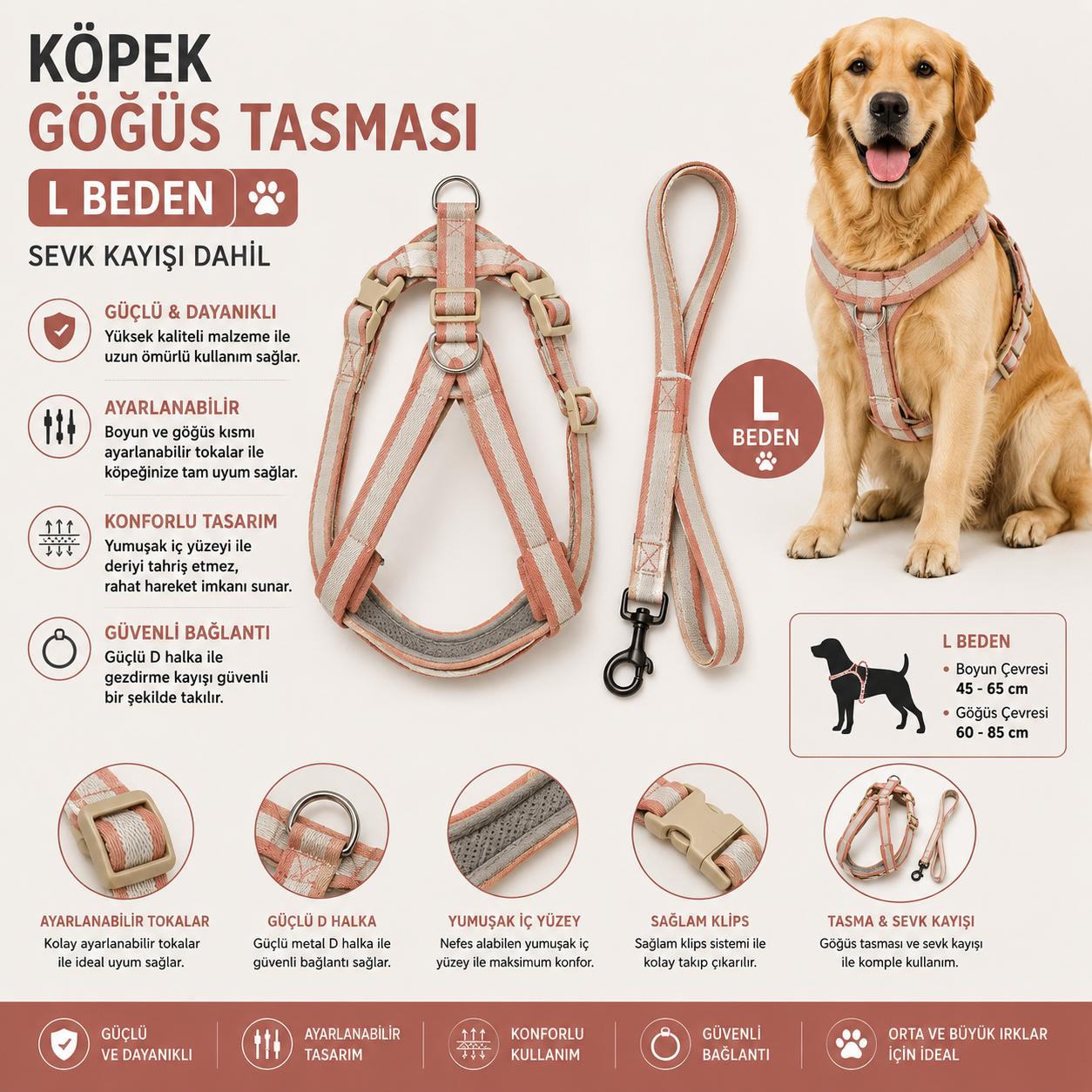 Köpek Göğüs Tasması ve Sevk Kayışı Seti L Beden Çizgili Klipsli - Pudra