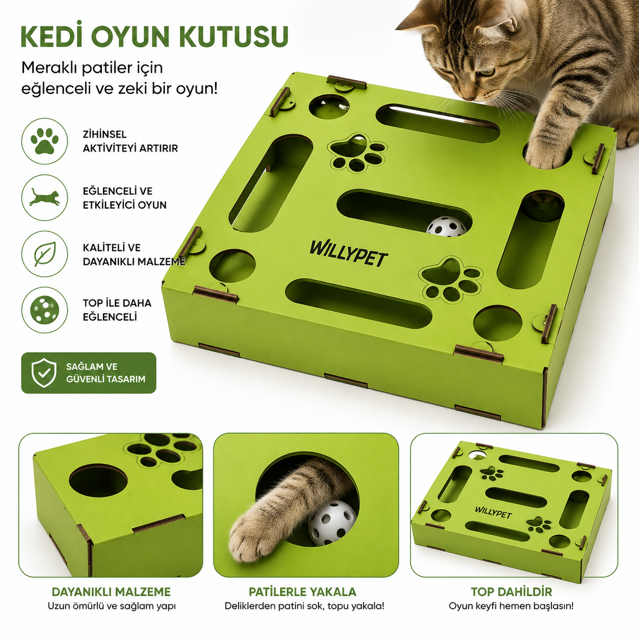 Willypet Kedi Oyun Kutusu Ahşap Zeka Oyuncağı Pati Desenli Top Dahil Yeşil