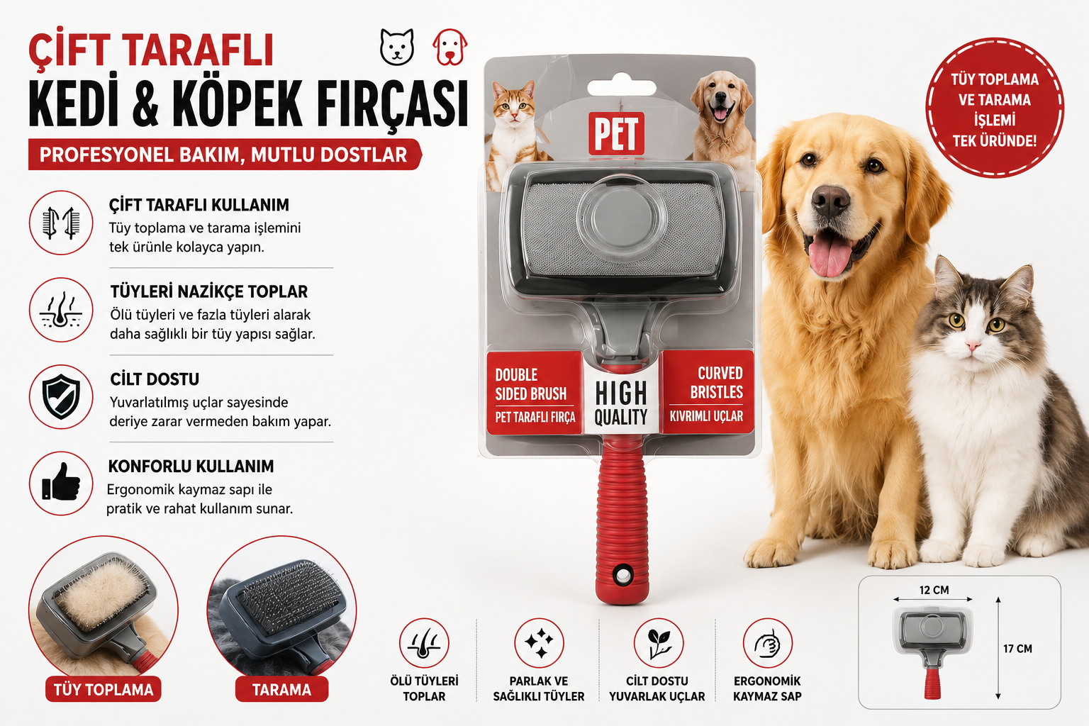 Çift Taraflı Kedi Köpek Tüy Toplama ve Tarama Fırçası 12x17 cm Kaymaz Saplı