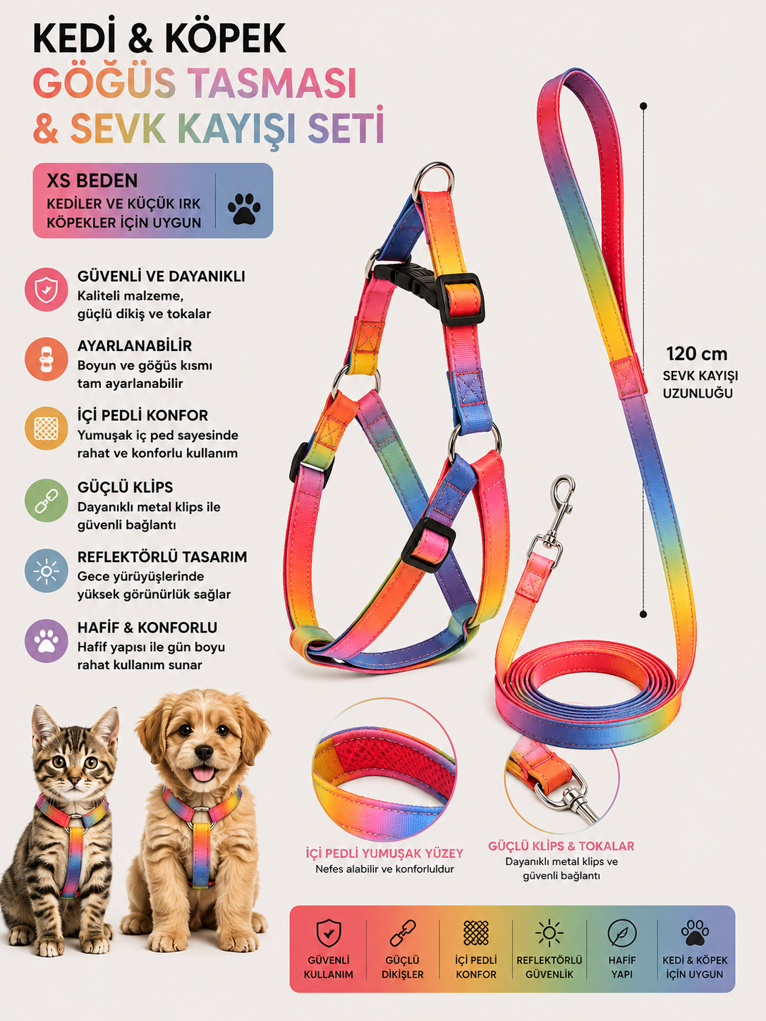 İçi Pedli Reflektörlü Kedi ve Köpek Göğüs Tasması Sevk Kayışı Seti XS Beden 120 cm - Kırmızı Gökkuşağı
